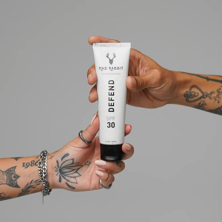 Mad Rabbit Defend SPF30 sunscreen made for tattooed skin