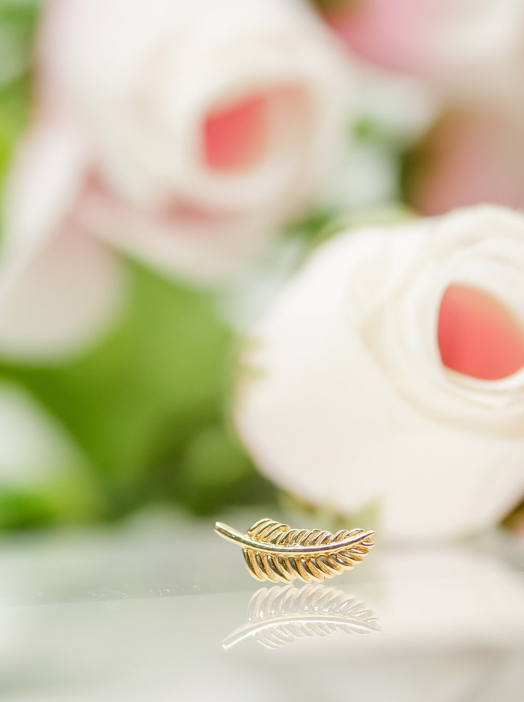 14K Gold Feather, quill,  threadless End perfect for conch, ear, tragus, flat,, by Junipurr Body Jewelry