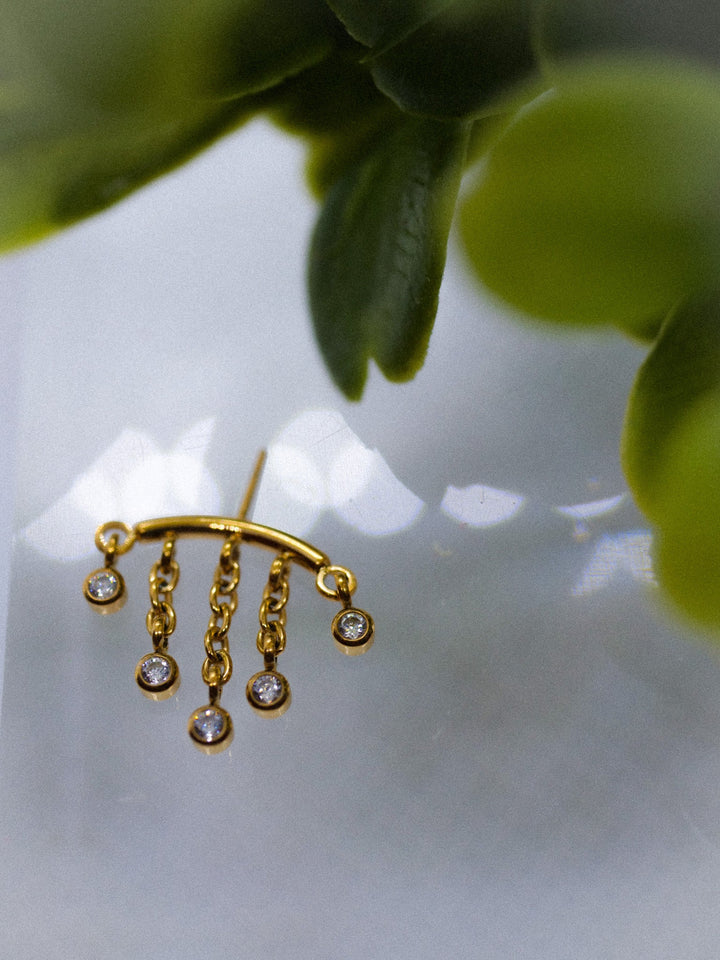 A gold earring with five dangling chain links, each ending in a small clear gemstone, photographed close-up against a soft white background with blurred green leaves at the edge.