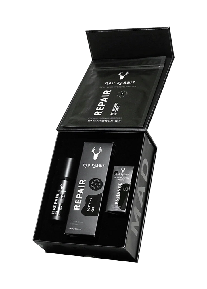 tattoo aftercare kit with soothing gel, soap, moisturizer stick and repair patches - mad rabbit
