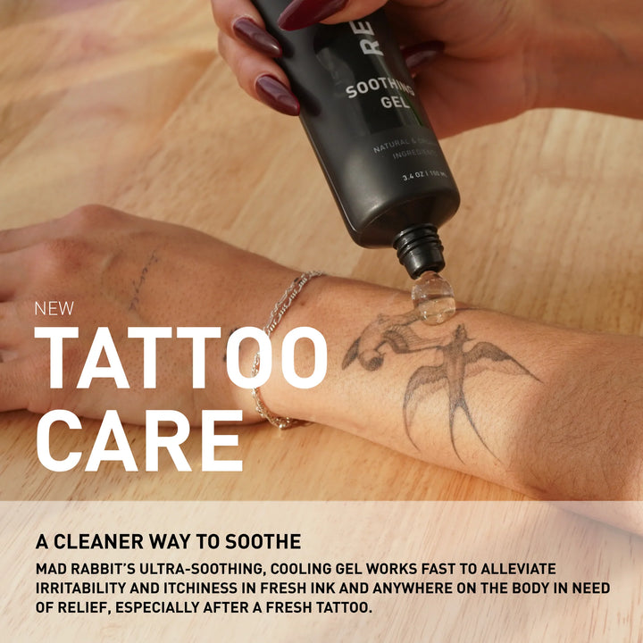 soothing gel being poured onto a tattoo, perfect for healing fresh tattoos with a soothing cool feeling to remove pain and redness of skin
