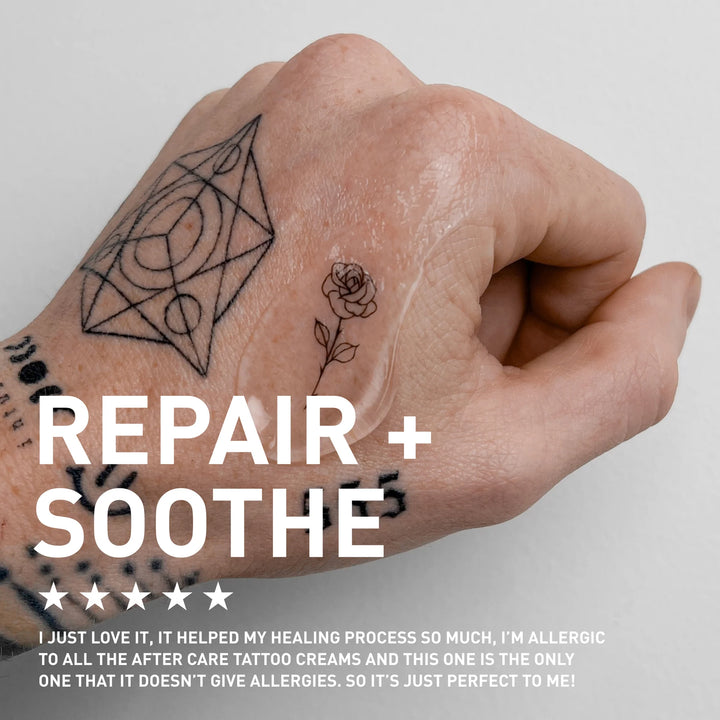 hand with clear gel over tattoos with a 5 star review about how they love this product as it does not cause them allergies
