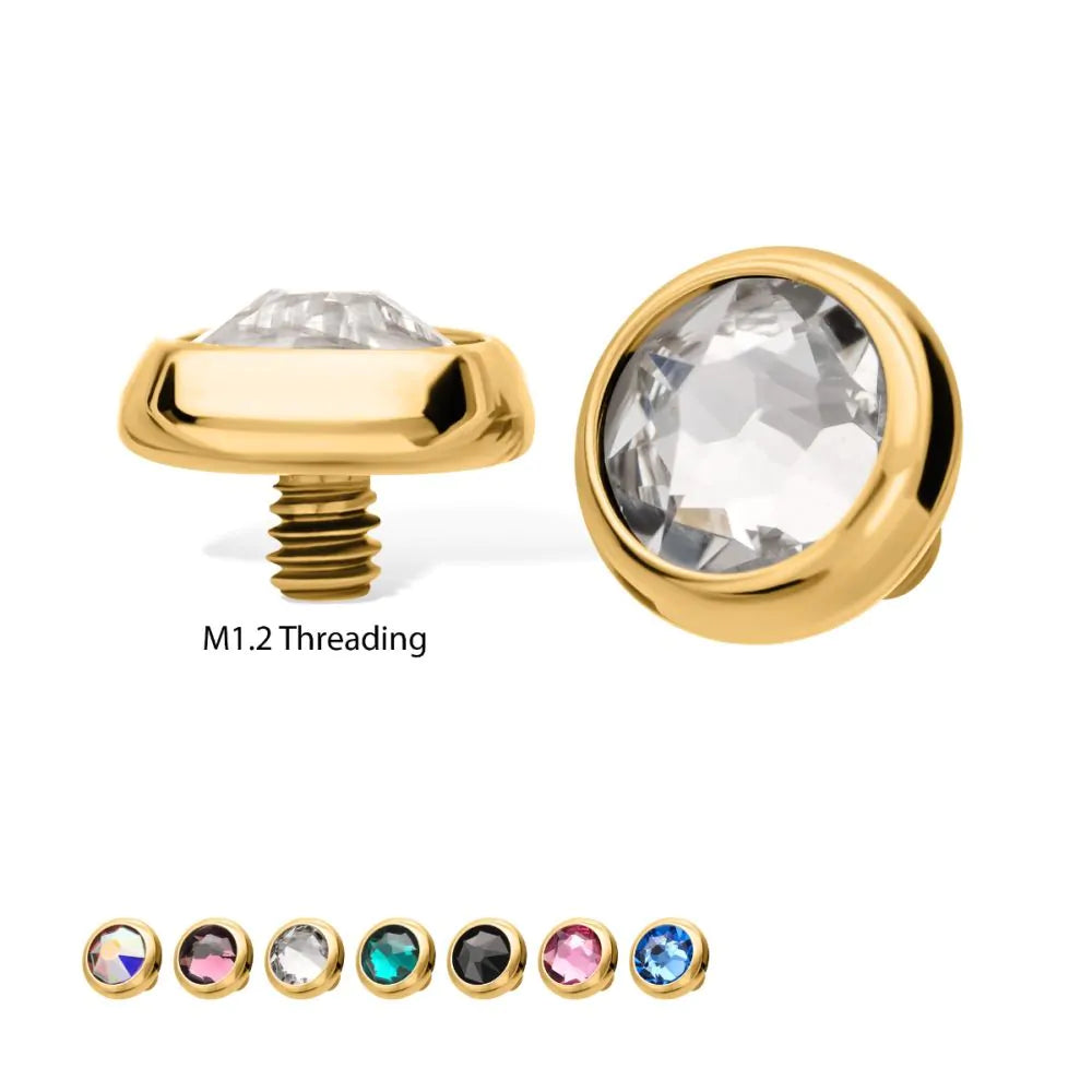 Gold jewelry components with crystal stones and M1.2 threading on a white background.