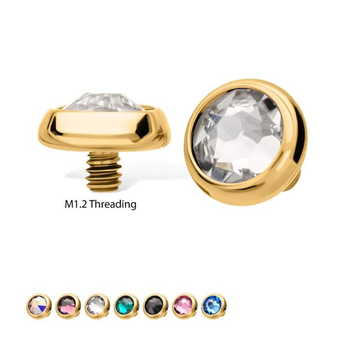 Gold jewelry components with crystal stones and M1.2 threading on a white background.