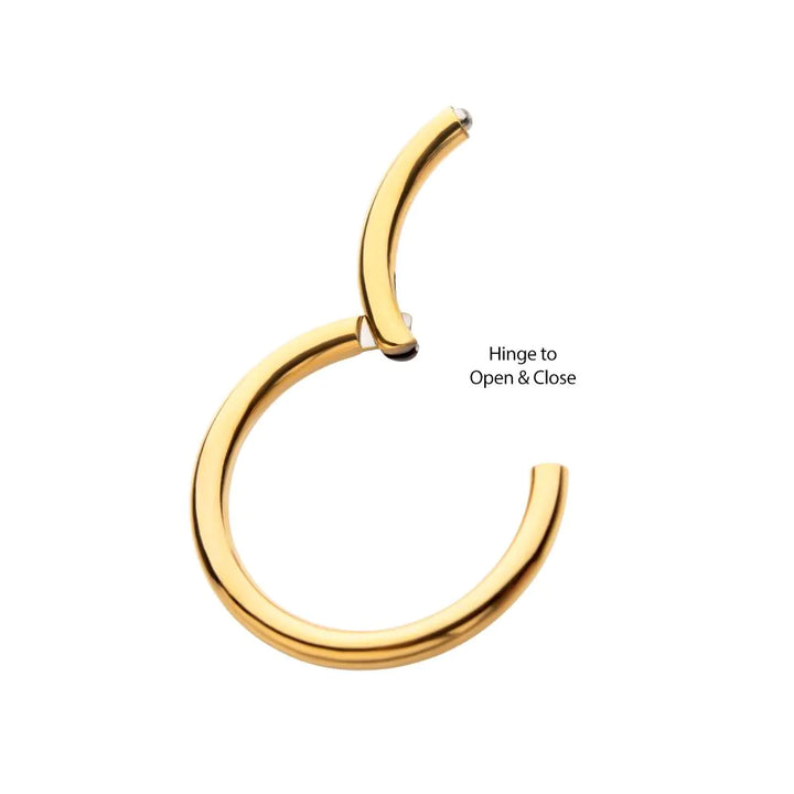 Gold hoop earring with a hinge on a white background