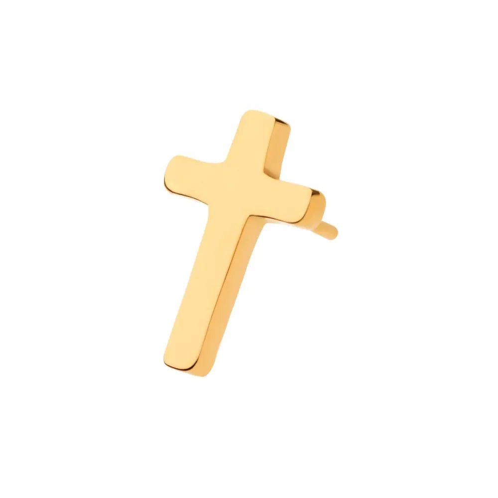 Gold cross threadless end for body piercing on a white background
