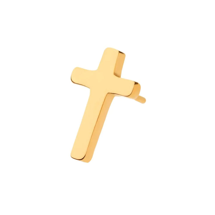 Gold cross threadless end for body piercing on a white background