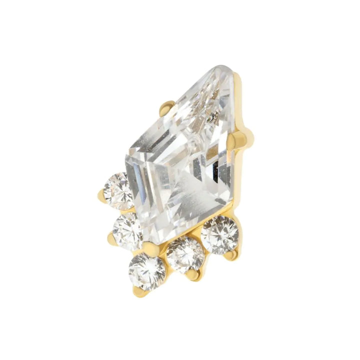 Gold threadless end with a large clear gemstone and smaller clear stones on a white background