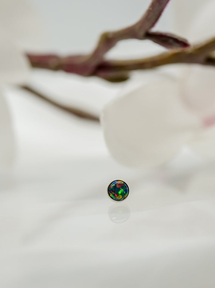 bezel end black opal neometal threadless post for ear lobe, conch, helix, cartilage, nose, lip piercings