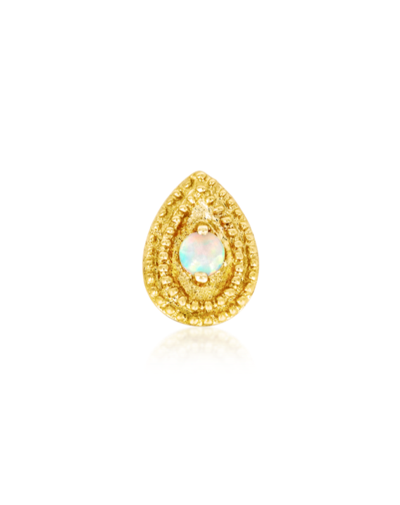 yellow millgrain teardrop shape with white opal threadless end