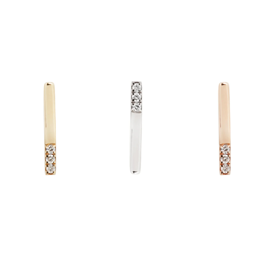 Love Line - 14K White, RoseGold, and Yellow gold bars showcasing 3 Brillaint Diamond-cut Swarovski Cubic Zironias with Threadless End good for  Earlobe, Helix, Flat by Buddha Jewelry