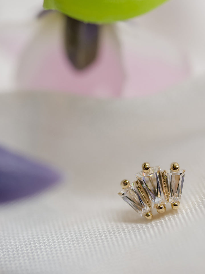 Threadless Gemma Trios - sparkling, Crystal,  baguette  Zirconias in Tiara shaped setting.