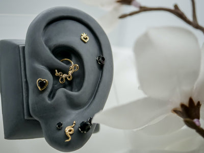 Lobe piercings with black prong set Swarovski stones, and a Kaa snake Daith ring, black heart in tragus, and heart crown flat piercing 